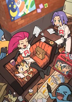 arbok ash_ketchum bag box chips_(food) coffee_mug couch cup food gen_1_pokemon gen_2_pokemon gen_3_pokemon gen_4_pokemon gen_5_pokemon gen_8_pokemon goh_(pokemon) headphones highres holding holding_cup james_(pokemon) jessie_(pokemon) meowth morpeko mug nintendo oshawott pelipper pen pikachu pokemon pokemon_(anime) pokemon_(creature) pokemon_journeys poster_(object) potato_chips refrigerator rocket rotom script shuan_0420 team_rocket television wobbuffet
