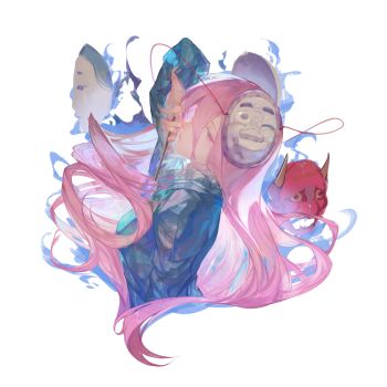 Rule 34 | 1girl, absurdres, arm up, blue fire, blue shirt, chinese commentary, closed mouth, collared shirt, commentary request, cropped torso, expressionless, fire, folded fan, folding fan, from side, hair between eyes, hand fan, hannya, hata no kokoro, highres, holding, holding fan, hyottoko mask, long hair, long sleeves, looking at viewer, mask, mask on head, noh mask, pink eyes, pink hair, plaid clothes, plaid shirt, shirt, simple background, solo, touhou, upper body, very long hair, wb yimo, white background