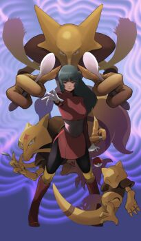 Rule 34 | 1girl, abra, alakazam, black hair, breasts, closed mouth, full body, gauss <bokashi, gen 1 pokemon, gloves, highres, holding, holding spoon, kadabra, long hair, long sleeves, looking at viewer, nintendo, pantyhose, poke ball, poke ball (basic), pokemon, pokemon (creature), pokemon frlg, redrawn, sabrina (pokemon), side slit, skirt, spoon, standing, white gloves