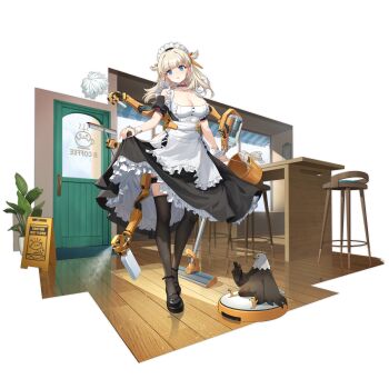 1girl apron awning bar_stool bird black_dress black_shoes black_thighhighs blonde_hair blue_eyes bottle breasts bucket cafe cellphone chilunchilun choker cleavage detached_sleeves door dress duster eagle extra_arms feather_duster frilled_choker frills full_body girls&#039;_frontline head_tilt highres holding holding_bucket holding_duster holding_mop holding_phone indoors large_breasts light_rays looking_at_viewer m1897_(girls&#039;_frontline) m1897_(immaculate_rondo)_(girls&#039;_frontline) maid maid_apron maid_headdress mary_janes mechanical_arms medium_hair mop mop_bucket official_alternate_costume official_art open_mouth phone plant potted_plant reflective_floor robotic_vacuum_cleaner shoes short_hair sitting skirt_hold smartphone solo spray_bottle spraying stool table thigh_strap thighhighs third-party_source transparent_background two_side_up wet_floor_sign white_apron white_wrist_cuffs window wooden_floor wrist_cuffs