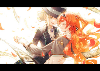 2girls :d apple_(reverse:1999) ascot black_coat black_hat black_vest boater_hat brooch checkered_hairband closed_eyes coat collared_shirt dancing dress druvis_iii falling_petals film_strip floating_hair gloves grey_cloak grey_eyes grey_hair grey_sleeves hair_bun hairband hand_on_another&#039;s_back hand_on_another&#039;s_shoulder hat highres holding_hands jewelry long_hair long_sleeves looking_at_another multiple_girls open_mouth petals profile regulus_(reverse:1999) reverse:1999 shirt sho_(sumika) short_hair single_side_bun smile sonetto_(reverse:1999) sotheby upper_body vertin_(reverse:1999) very_long_hair vest waistcoat waltz_(dance) wavy_hair white_ascot white_background white_dress white_gloves white_shirt yuri