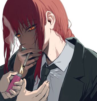 1girl 1other black_jacket black_necktie braid braided_ponytail chainsaw_man cigarette collared_shirt commentary english_commentary half-closed_eyes hews highres holding holding_cigarette holding_lighter jacket lapels lighter lighting_cigarette long_hair looking_down makima_(chainsaw_man) messy_hair necktie notched_lapels red_hair ringed_eyes shirt simple_background upper_body white_background white_shirt wing_collar yellow_eyes