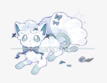 Rule 34 | alolan form, alolan vulpix, animal ear piercing, animal focus, aqua sclera, blue bow, blue bowtie, blue flower, bow, bowtie, chinese commentary, colored sclera, commentary request, commission, cross hair ornament, flower, fox, frown, full body, gen 7 pokemon, hair ornament, kamier586, looking at viewer, looking up, multiple tails, nintendo, no humans, original, pokemon, pokemon (creature), pokemon focus, sample watermark, simple background, snake, solo, tail, tail bow, tail ornament, watermark, white background, white eyes