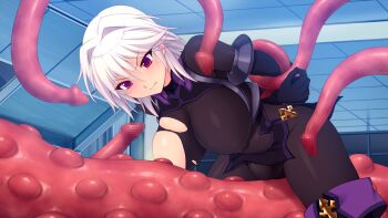 1girl arisia_hellioxenes arms_behind_back black_bodysuit blush bodysuit boots bound breasts censored covered_erect_nipples covered_navel frown futasub game_cg hair_between_eyes hair_intakes imminent_penetration imminent_rape indoors kourin_tenshi_en_ciel_rena large_breasts large_variant_set monster mosaic_censoring non-web_source official_art purple_eyes rape red_eyes restrained saitou_natsuki scowl short_hair skin_tight slime_(substance) solo suhamaya tentacles thigh_boots thighhighs tile_floor tiles torn_bodysuit torn_clothes variant_set white_hair