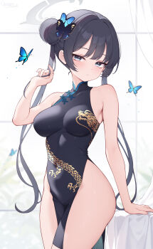 Rule 34 | 1girl, absurdres, alternate breast size (larger), black dress, blue archive, breasts, bug, butterfly, butterfly hair ornament, china dress, chinese clothes, commentary request, double bun, dragon print, dress, grey eyes, grey halo, hair bun, hair ornament, halo, highres, insect, kisaki (blue archive), large breasts, looking at viewer, origami (poinia), pelvic curtain, print dress, solo, thighs, twintails