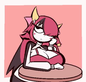 Rule 34 | 1girl, animal ears, animated, animated gif, black eyes, black jacket, blush stickers, borrowed character, bow, bra, breasts, cleavage, closed mouth, commission, cow ears, cow horns, hair bow, hair over one eye, hand on own cheek, hand on own face, horns, huge breasts, jacket, jaggy lines, jitome, long hair, looking to the side, open clothes, open jacket, original, red bow, red bra, red hair, solo, table, underwear, white trim, woah maaan