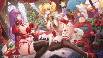 2girls bell blonde_hair bow box breasts brown_eyes christmas_ornaments christmas_tree enya_murphy fenny_golden flower gift gift_box hanh_chu large_breasts long_hair multiple_girls neck_bell pillow purple_eyes purple_hair red_flower red_ribbon ribbon snowbreak:_containment_zone star-shaped_pillow stuffed_animal stuffed_toy teddy_bear thighhighs twintails twitter_username yellow_bow