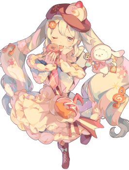 Rule 34 | 1girl, asymmetrical legwear, blue bow, blue dress, blue eyes, blue hair, blue pantyhose, boots, bow, brown boots, brown hat, commentary request, cookie hair ornament, cupcake, diagonal-striped pantyhose, double-parted bangs, dress, food, food-themed hair ornament, footwear bow, hair between eyes, hair ornament, hat, hatsune miku, highres, long hair, long sleeves, looking at viewer, mismatched legwear, musical note-themed food, necktie, one eye closed, open mouth, outstretched arms, pantyhose, pink bow, pink necktie, pink pantyhose, rabbit, rabbit yukine, simple background, smile, snowflakes, sparkle, standing, striped clothes, striped pantyhose, vocaloid, white background, white rabbit (animal), wide sleeves, yuki miku, yuki miku (2026), yuyufufu