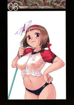 1girl arched_back black_border blush border breasts brown_hair cameltoe covered_erect_nipples cowboy_shot crop_top female_focus flag gym_uniform hand_on_own_hip headband highres looking_at_viewer medium_breasts navel nipples nishi_iori no_bra numbered_flag original pink_eyes see-through_clothes shirt short_hair smile solo standing sweat tareme wet wet_clothes wet_shirt