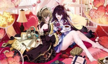 Rule 34 | 2girls, backless dress, backless outfit, bare shoulders, barefoot, black dress, black hair, blue eyes, blush, braid, brown hair, bun with braided base, chocolate, closed eyes, columbina (genshin impact), commentary request, cup, detached sleeves, dress, facing another, food, genshin impact, gloves, hair bun, highres, hirai yuzuki, holding, holding cup, indoors, knees up, leg wrap, long sleeves, looking at viewer, multiple girls, open mouth, parted lips, plate, sandrone (genshin impact), sitting, smile, teacup, v-shaped eyebrows, white dress, white gloves