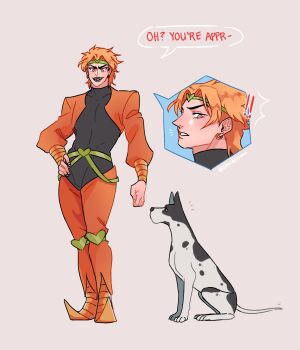 ! !! 1boy alternate_universe blonde_hair commentary danny_(jojo) dio_brando dog earrings english_commentary english_text fangs green_headband hand_on_own_hip happy_birthday headband highres jewelry jojo_no_kimyou_na_bouken knee_pads male_focus open_mouth phantom_blood pointy_shoes shoes smile stardust_crusaders steohsama yellow_eyes