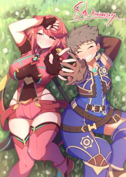 Rule 34 | 1boy, 1girl, breasts, large breasts, osora (judithandlilith), pyra (xenoblade), red eyes, red hair, rex (xenoblade), short hair, xenoblade chronicles (series), xenoblade chronicles 2