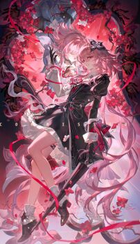 Rule 34 | 2girls, absurdres, asymmetrical sleeves, black choker, black flower, black gloves, branch, chinese commentary, choker, closed eyes, commentary request, commission, dress, dual persona, evernight (honkai: star rail), floating hair, flower, full body, gloves, hair between eyes, hair ornament, hairclip, hand up, highres, holding, holding umbrella, honkai: star rail, honkai (series), layered dress, long hair, long sleeves, looking at viewer, march 7th (honkai: star rail), march 7th (preservation) (honkai: star rail), medium hair, mismatched sleeves, multiple girls, own hands clasped, own hands together, partially fingerless gloves, pink hair, red eyes, red flower, ribbon, shoes, single glove, skirt, smile, smusmuye, thigh strap, umbrella, very long hair, white flower