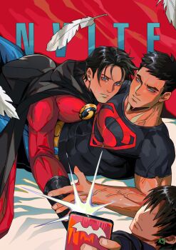 3boys bara belt black_cape black_hair black_shirt blue_eyes blue_pants bodysuit brown_belt cape dc_comics doufujintianxianle earrings faceless faceless_male falling_feathers feathers highres holding holding_phone jewelry kon-el large_pectorals male_focus multiple_boys muscular muscular_male pants pectorals phone red_bodysuit selfie shirt short_hair superboy tim_drake yaoi young_justice