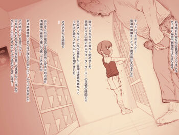 1boy 1girl 2equal8 age_difference blush breasts bulge commentary erection erection_under_clothes handkerchief hetero holding holding_cloth holding_handkerchief imminent_rape indoors loli monochrome narration no_eyes old old_man open_mouth original pants precum precum_through_clothes sawada_kanako shirt short_hair sideways_glance small_breasts socks standing tomboy tongue tongue_out translation_request twitching very_short_hair white_shirt