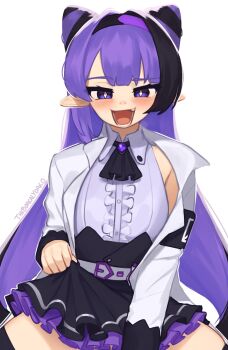 Rule 34 | 1girl, :d, armband, ascot, belt, black ascot, black hair, black thighhighs, blush, center frills, character request, clothes lift, commentary, commission, cone hair bun, copyright request, diamond-shaped pupils, diamond (shape), english commentary, fang, frills, hair bun, hairband, highres, jacket, lifting own clothes, long hair, long sleeves, multicolored hair, open mouth, pointy ears, purple eyes, purple hair, purple hairband, shirt, skeb commission, skirt, skirt lift, sleeveless, sleeveless shirt, smile, solo, straddling, symbol-shaped pupils, thighhighs, two-tone hair, very long hair, white belt, white jacket, white shirt, wing collar, yoako
