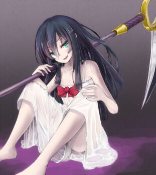 Rule 34 | 1girl, ar tonelico, ar tonelico iii, black hair, female focus, gradient background, green eyes, highres, polearm, scythe, solo, soma (ar tonelico), sweat, weapon