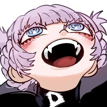 1girl :d absurdres barry_gargling_honey_(meme) bee_movie blue_eyes blush braid braided_hair_rings commentary foolish_potato hair_rings highres looking_up meme nanakusa_nazuna_(yofukashi_no_uta) open_mouth pink_hair ringed_eyes short_hair simple_background smile solo turtleneck upper_body white_background yofukashi_no_uta