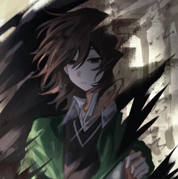 Rule 34 | 1boy, black vest, brown eyes, brown hair, chinese commentary, closed mouth, collared shirt, commentary request, expressionless, green jacket, hair between eyes, hand up, harada mutei, highres, jacket, looking at viewer, male focus, open clothes, open jacket, saibou shinkyoku, shirt, short hair, solo, upper body, vest, white shirt, yunchebudade