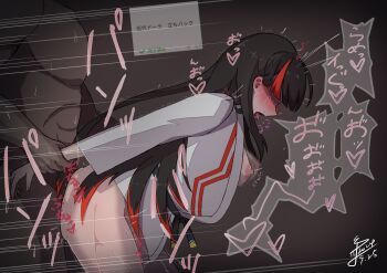 1boy 1girl black_hair blush breasts commentary_request dark-skinned_male dark_skin dragon_musume_ni_naritakunai! duel_masters from_side godai_dora grabbing_another's_arm highres long_hair motion_lines multicolored_hair nipples no_eyes open_mouth profile red_hair sex sex_from_behind shaded_face signature sound_effects sweatdrop tongue tongue_out wato_(watto1005) white_dougi