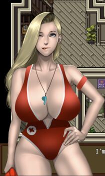 Rule 34 | 1girl, black eyes, blonde hair, breasts, cleavage, collarbone, cross, female focus, hand on own hip, huge breasts, lifeguard, mature female, onesie, original, scarlett ann, thighs, whistle, whistle around neck