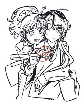 2girls ;( absurdres alternate_costume an-an_lee bag camera camera_flash casual greyscale grin head_on_another's_shoulder heart highres holding holding_camera kani_(kaniya) liang_yue_(reverse:1999) lineart long_hair looking_at_another looking_at_viewer low_twintails monochrome multiple_girls necktie one_eye_closed ponytail reverse:1999 shirt shoulder_bag smile spot_color sweater_vest taking_picture teeth twintails upper_body