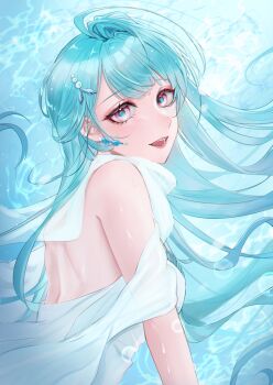 Rule 34 | +\l.l./+ (path to nowhere), 1girl, absurdres, aqua gem, aqua hair, aqua pupils, bare shoulders, caustics, commentary, dress, earrings, gem, highres, jewelry, kabu (kaopako ), lens flare, long hair, looking at viewer, open mouth, path to nowhere, pearl hair ornament, pink eyes, shoulder blades, sweat, untranslatable commentary, white dress