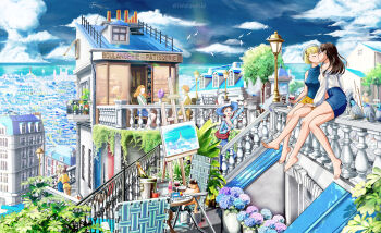 Rule 34 | 6+girls, absurdly detailed composition, absurdres, alcohol, animal, arm up, bag, bakery, balcony, baluster, barefoot, beret, bicycle, bird, black hair, blonde hair, blue flower, blue skirt, blue sky, blue sweater, bob cut, bottle, breasts, brown hair, bucket, city, cleavage, closed eyes, cloud, commentary, complex exterior, couple, cumulonimbus cloud, cup, day, denim, denim skirt, drinking glass, easel, faceless, faceless female, facing to the side, flower, foot dangle, frilled shirt, frills, green shirt, hat, highres, horizon, hydrangea, jeans, kiss, lamppost, long hair, long sleeves, miniskirt, motion blur, multicolored shirt, multiple girls, ocean, off-shoulder shirt, off shoulder, orange hair, original, outdoors, painting (object), pants, people, pigeon, pink flower, plaid clothes, plaid pants, plant, purple flower, railing, red bag, scenery, shirt, shirt tucked in, shop, short hair, short shorts, shorts, shoulder bag, simple bird, sitting, skirt, sky, sleeping animal, sleeveless, sleeveless sweater, stairs, straight hair, sun hat, sweater, tofufuyu0112, turning head, twitter username, untranslatable commentary, vines, walking, watermark, waving, white flower, white hat, white shirt, wine, wine bottle, wine glass, yellow shirt, yellow shorts, yuri