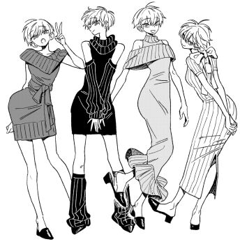 Rule 34 | 1girl, ahoge, arm warmers, asahina sho, bare shoulders, black shoes, black sweater, bow, breasts, collarbone, commentary, dress, full body, grey sweater, high heels, highres, leg warmers, long legs, looking at viewer, looking back, monochrome, multiple views, open mouth, original, ribbed dress, ribbed sweater, shoes, short hair, short sleeves, simple background, small breasts, standing, sweater, sweater dress, teeth, turtleneck, upper teeth only, v, white background, white sweater