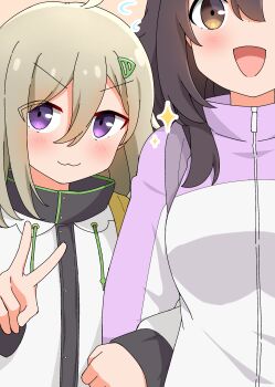 2girls :3 :d absurdres ahoge blush brown_eyes brown_hair closed_mouth commentary_request hair_between_eyes hair_ornament happy height_difference hibi_wa_sugiredo_meshi_umashi higa_tsutsuji highres jacket kawai_mako locked_arms long_hair looking_at_viewer multiple_girls open_mouth purple_eyes smile sparkle v white_jacket yuuyrx