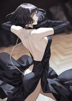 Rule 34 | 1girl, bare back, bare shoulders, black choker, black dress, black gloves, black hair, blurry, blurry background, breasts, choker, commentary request, dancing, dress, earrings, elbow gloves, from behind, gloves, grey eyes, highres, jewelry, kaoming, looking at viewer, looking back, medium breasts, necklace, original, short hair, solo, thighs