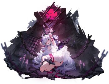 Rule 34 | 1girl, armpits, arms up, babydoll, barefoot, bat (animal), bound, bound ankles, breasts, candle, chain, choker, cleavage, clothes lift, cowlick, cross, cross pendant, cuffed, cuffs, diamond (shape), dress, dress lift, feet, full body, game cg, hair between eyes, handcuffs, heart, heart-shaped pupils, highres, hook, latin cross, lilith (oath) (poker fate), lilith (poker fate), long hair, looking at viewer, moon, multicolored hair, nahaki, non-web source, official alternate costume, official art, open mouth, outdoors, poker fate, red eyes, red hair, red moon, red ribbon, restrained, ribbon, saliva, saliva trail, shackles, silk, small breasts, solo, spider web, spiked choker, spikes, streaked hair, symbol-shaped pupils, teeth, upper teeth only, very long hair, whip, white babydoll, white hair