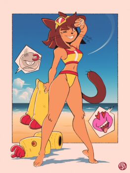 1girl 2boys alternate_costume animal_ears barefoot beach bikini border breasts brown_hair cat_ears cat_girl cat_tail commentary curvy dark-skinned_female dark_skin english_commentary fox-pop_vli full_body furry furry_female gameoverse gauntlets glitch_productions gobbles_(gameoverse) goggles goggles_on_head heart heart-shaped_eyes highres kaboodle_(gameoverse) kit_bodega looking_at_viewer medium_breasts multiple_boys navel official_alternate_costume one_eye_closed outdoors red_eyes short_hair smile solo_focus speech_bubble standing swimsuit tail whiskers white_border wide_hips yellow_bikini yellow_gauntlets