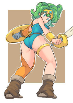 Rule 34 | 1girl, absurdres, blue eyes, blue leotard, boots, circlet, commentary, dragon quest, dragon quest iv, from behind, full body, gloves, green hair, grey gloves, heroine (dq4), highres, holding, holding shield, holding sword, holding weapon, leotard, looking at viewer, looking back, okera, shield, single glove, single thighhigh, solo, standing, sword, thighhighs, weapon