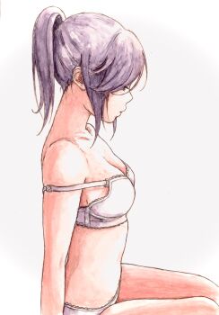 Rule 34 | 1girl, absurdres, bbmasa, blue background, blue eyes, bra, breasts, cleavage, closed mouth, collarbone, commentary, from side, gradient background, hibike! euphonium, high ponytail, highres, kasaki nozomi, liz to aoi tori, medium breasts, medium hair, panties, ponytail, profile, purple hair, sitting, solo, strap slip, traditional media, underwear, underwear only, white bra, white panties