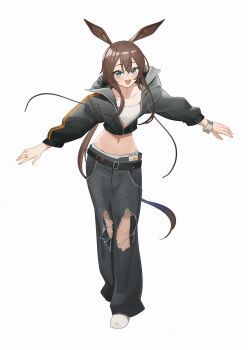 1girl :d absurdres alter_sang amiya_(arknights) animal_ears aqua_eyes arknights bandeau belt black_belt black_jacket black_pants blush brown_hair chinese_commentary clothes_writing collarbone commentary_request crop_top cropped_jacket drawstring full_body groin hair_between_eyes highres hood hood_down hooded_jacket jacket jewelry long_hair long_sleeves looking_at_viewer midriff navel navel_piercing open_mouth panties pants piercing ring simple_background smile solo standing torn_clothes torn_pants underwear very_long_hair white_background white_bandeau white_panties