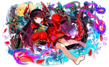 1girl artist_request bare_legs barefoot black_hair blunt_bangs bolt_(hardware) book cel_shading chain closed_mouth cloud coat colored_sclera crash_fever fire full_body full_moon game_cg grass holding holding_book hood hooded_coat large_tail light_particles long_hair long_sidelocks long_sleeves mechanical_ears mechanical_tail moon night night_sky number_print numbered official_art outdoors outline polearm red_coat red_eyes red_hood red_outline red_petals red_sleeves sidelocks sky sleeves_past_fingers sleeves_past_wrists slit_pupils soles solo spear square square_print straight_hair tachi-e tail teeth third-party_source toes transparent_background very_long_hair walker_(crash_fever) weapon yellow_moon yellow_sclera