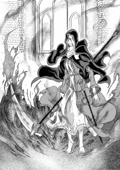 1girl 913kousatu absurdres barefoot brick_wall church closed_mouth coif commentary_request dark_souls_(series) dark_souls_iii dress expressionless full_body greyscale highres holding holding_scythe indoors long_sleeves monochrome scythe sister_friede solo standing