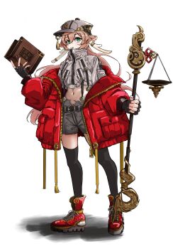 1girl alternate_costume aqua_eyes balance_scale black_gloves black_thighhighs book commentary_request crop_top fingerless_gloves full_body genshin_impact gloves grey_hat grey_shirt grey_shorts hat highres holding holding_book holding_staff jacket jacket_partially_removed jibakurei long_hair looking_at_viewer midriff nail_polish navel off_shoulder open_clothes open_jacket pink_hair red_jacket red_nails red_shoes shirt shoes shorts solo staff standing stomach thighhighs very_long_hair weighing_scale yanfei_(genshin_impact)