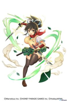 1girl armor artist_request asuka_(senran_kagura) black_hair black_thighhighs blush breasts bridal_gauntlets brown_eyes brown_hair brown_shoes copyright_name crossover dual_wielding energy falling_leaves hair_ribbon hanzou_academy_school_uniform highres holding japanese_armor kote large_breasts leaf loafers looking_at_viewer marvelous miniskirt official_art open_mouth plaid_clothes plaid_skirt pleated_skirt ponytail puff_of_air queen's_blade queen's_blade_limit_break red_scarf reverse_grip ribbon scarf senran_kagura senran_kagura_new_link senran_kagura_shoujo-tachi_no_shin'ei sheath shiny_skin shoes short_hair short_ponytail skirt slashing smile solo sparkle sword tactics_(hobby_japan) thighhighs tongue tsuba_(guard) wakizashi weapon white_ribbon