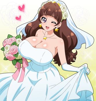 1girl absurdres amanogawa_kirara bare_shoulders blush bouquet breasts bridal_veil bride brown_hair cleavage commentary_request dress earrings elbow_gloves flower gloves go!_princess_precure hair_flower hair_ornament highres hitokiwa_kenchin holding holding_bouquet jewelry large_breasts long_hair looking_at_viewer open_mouth precure purple_eyes smile solo strapless strapless_dress veil wedding_dress white_dress white_gloves