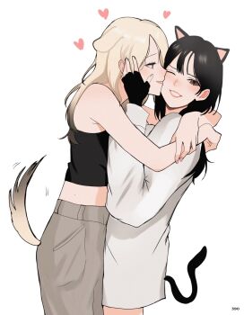 2girls animal_ears arms_around_neck black_gloves black_hair black_tank_top blonde_hair cat_ears cat_girl cat_tail commentary dog_ears dog_girl dog_tail english_commentary fingerless_gloves gloves gradient_hair grey_pants highres long_hair multicolored_hair multiple_girls original pants raimusoft shirt simple_background tail tank_top white_background white_shirt yuri