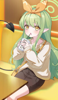 1girl blue_archive commentary_request cup green_hair halo highres hikari_(blue_archive) hikari_(mom&#039;s_touch)_(blue_archive) holding long_hair official_alternate_costume partial_commentary pointy_ears shinori_(efvbji6264) shorts solo tail