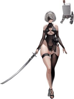 1girl 1other 2b_(nier:automata) 2b_(yorha_unofficial_waterfront_gear)_(nikke) alternate_costume black_hairband black_one-piece_swimsuit black_thighhighs blindfold bouncing_breasts breasts bumcha collarbone crossover curvy expressionless full_body goddess_of_victory:_nikke hairband highleg highleg_one-piece_swimsuit holding holding_sword holding_weapon large_breasts looking_at_viewer medium_hair narrow_waist nier:automata nier_(series) non-web_source official_alternate_costume official_art one-piece_swimsuit pelvic_curtain pod_(nier:automata) see-through_clothes see-through_pelvic_curtain single_thighhigh skindentation standing swimsuit sword thick_thighs thigh_strap thighhighs thighs thong thong_one-piece_swimsuit transparent_background underboob weapon white_hair wide_hips