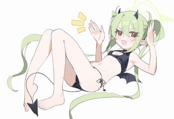 1girl barefoot bikini blue_archive demon_tail green_hair halo highres horns long_hair measho nozomi_(blue_archive) pointy_ears simple_background solo swimsuit tail twintails white_background wings
