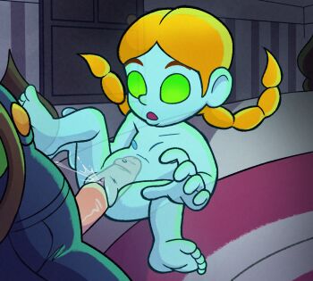 1boy 1girl barefoot bed blonde_hair braid clothed_male_nude_female completely_nude dushon erection feet female_ejaculation flat_chest ghost ghost_girl green_eyes hetero highres indoors loli luigi luigi&#039;s_mansion mario_(series) nintendo nipples nude open_mouth overalls penis pussy pussy_juice see-through_body sex soles spectrophilia sue_pea_(luigi&#039;s_mansion) toes twin_braids vaginal