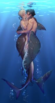 2boys absurdres bakugou_katsuki bite_mark blonde_hair boku_no_hero_academia bubble closed_eyes dorsal_fin fins flaccid green_hair highres male_focus merman midoriya_izuku monster_boy monsterification multiple_boys multiple_scars scar short_hair spacenipnops spiked_hair submerged underwater yaoi