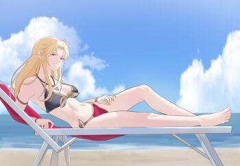 1girl absurdres ahoge alternate_costume armband bare_arms bare_legs barefoot beach beach_chair bikini black_bikini blonde_hair breasts clarisse_(fire_emblem) cleavage cloud commission feet fire_emblem fire_emblem:_new_mystery_of_the_emblem full_body grey_eyes highres horizon knee_up legs long_hair looking_at_viewer lying medium_breasts navel nintendo ocean on_side outdoors pomelomelon red_bikini second-party_source smile solo stomach swimsuit toenails toes