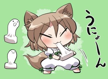 Rule 34 | 1girl, :3, animal ear fluff, animal ears, barefoot, blush, brown hair, chibi, chibi only, closed eyes, closed mouth, commentary request, eating, food, fox ears, fox girl, fox tail, full body, green background, green ribbon, holding, holding food, kudamaki tsukasa, mochi, ribbon, rokugou daisuke, romper, short hair, short sleeves, signature, sleeve ribbon, solo, standing, tail, touhou, white romper