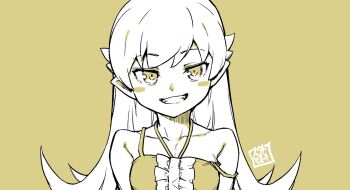 1girl blush_stickers collarbone commentary_request dress grin jingai_modoki long_hair looking_at_viewer monochrome monogatari_(series) oshino_shinobu pointy_ears portrait seal_impression simple_background single_off_shoulder smile solo straight-on upper_body very_long_hair yellow_background yellow_theme